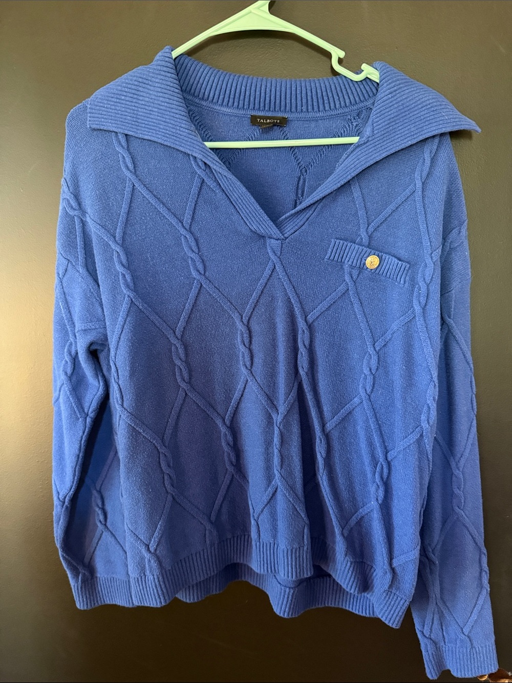 Talbots Royal Blue Cable-Knit V-Neck Sailor Collar Sweater